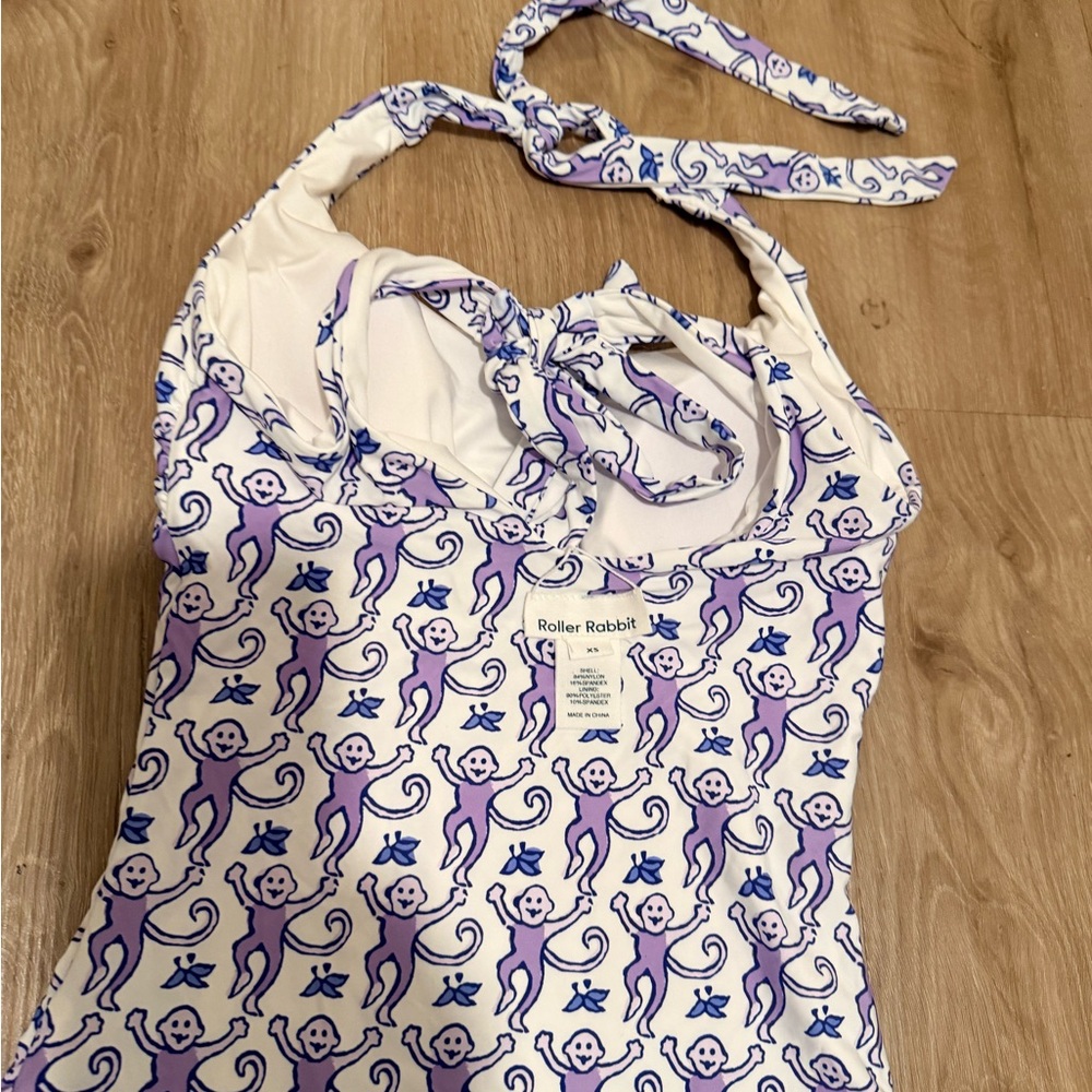 Roller Rabbit White Halter One-Piece with Purple and Blue Monkey Print